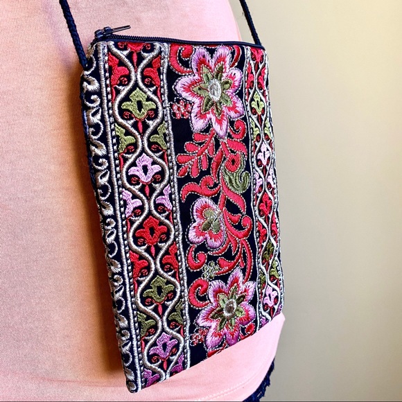PINK Black Floral Boho Fabric Crossbody Pouch - Picture 5 of 6